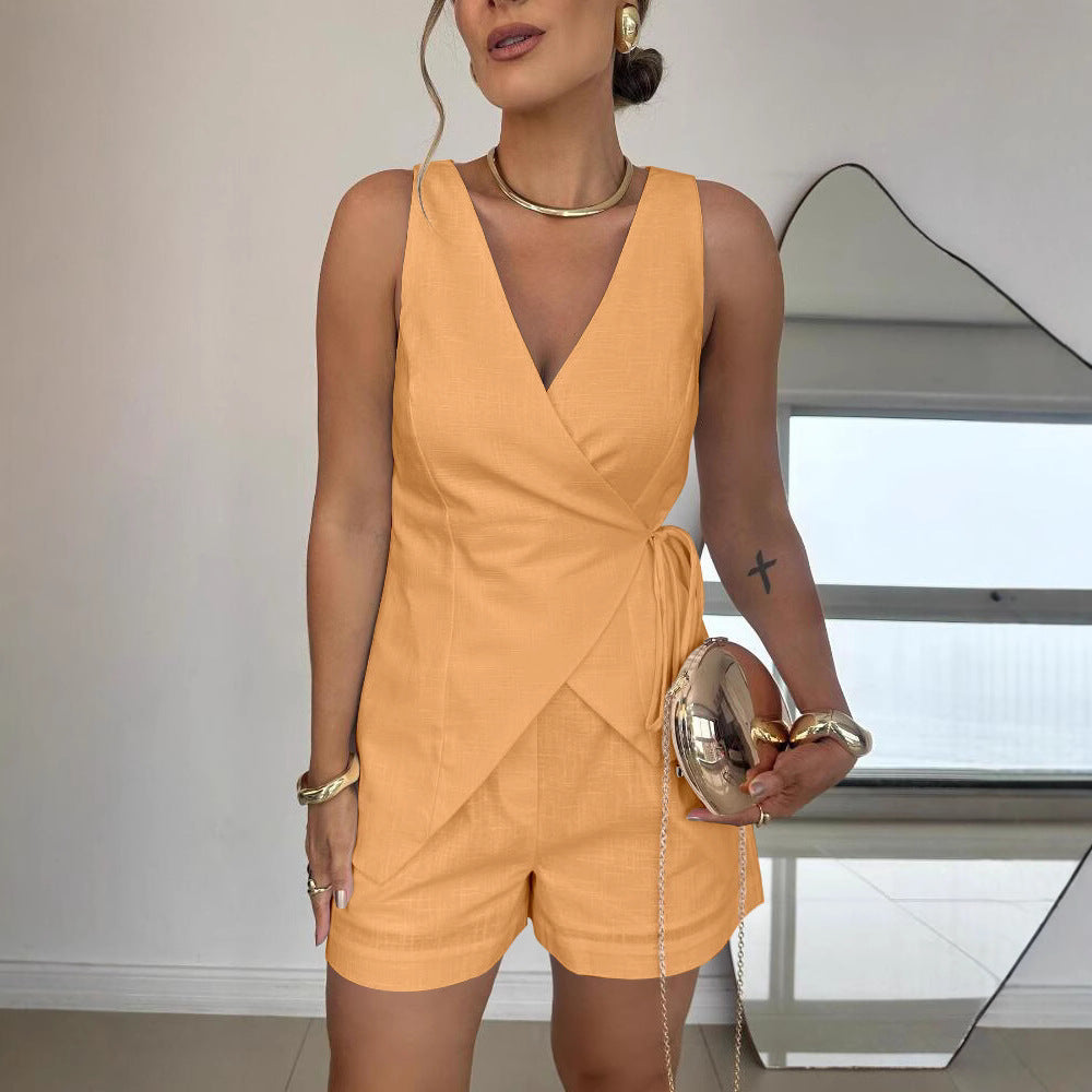 💖 Fato da moda com decote em V profundo e cor sólida