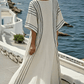 Vestido listrado de algodão e linho