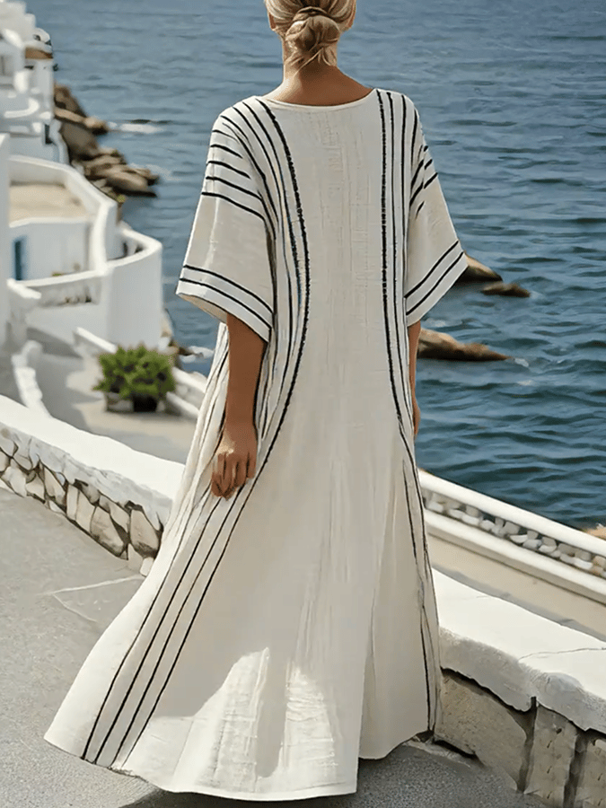 Vestido listrado de algodão e linho
