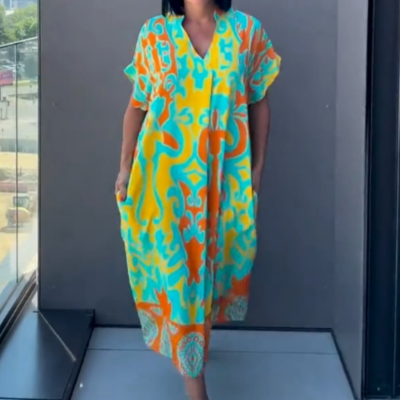 👗Vestido casual para mulher elegante estampado com decote em V
