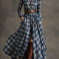 Vestido comprido xadrez castanho-avermelhado com gola estilo retro