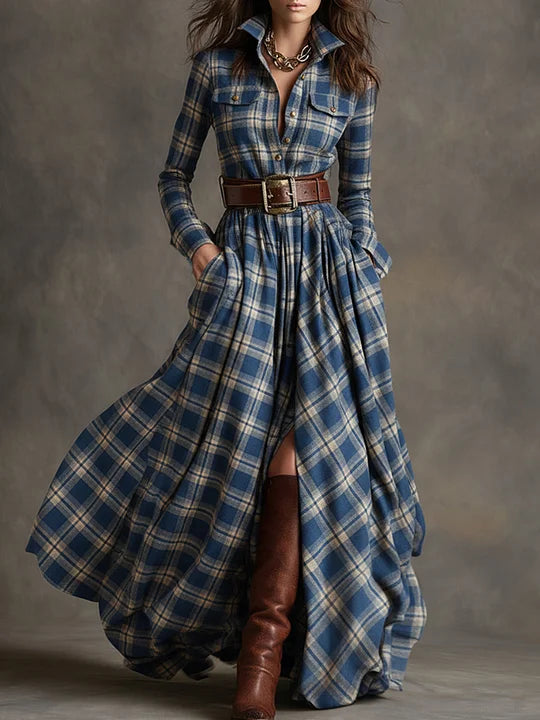Vestido comprido xadrez castanho-avermelhado com gola estilo retro