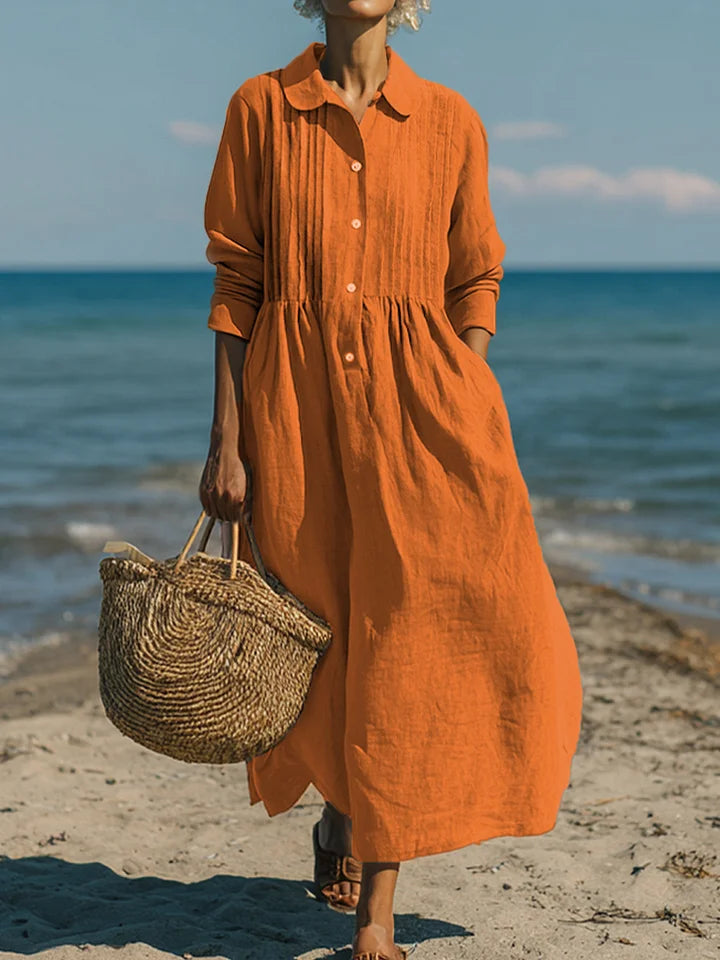 Vestido casual de mulher em linho e algodão com bolso plissado