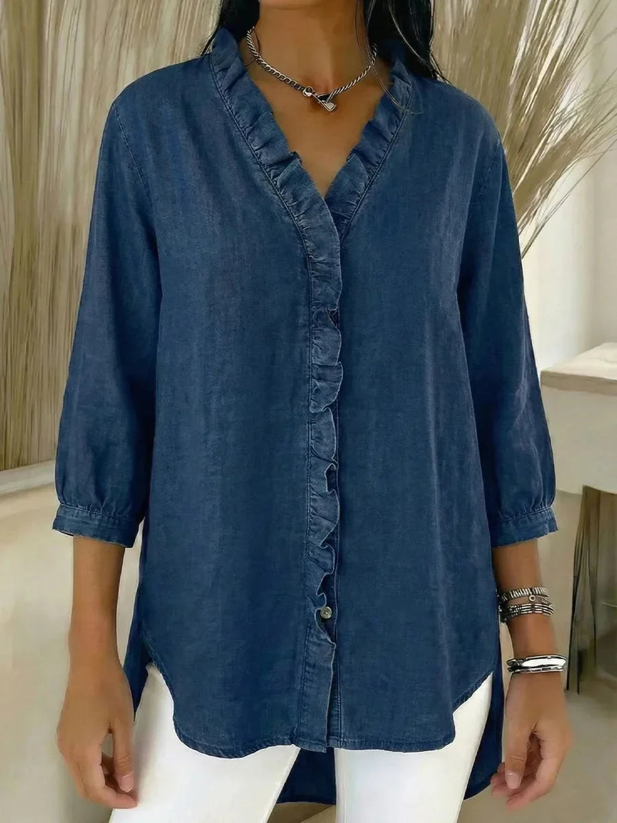 Camisa de ganga casual para mulher com folhos e decote em V
