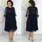 Vestido de mulher em chiffon bordado com retalhos e gola redonda