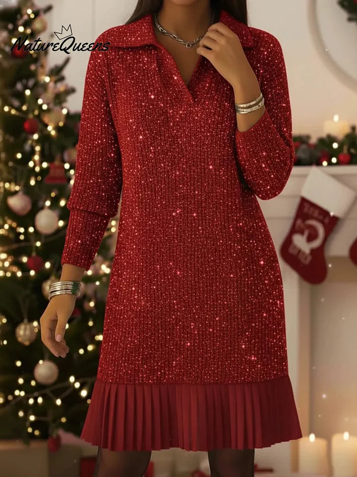 Vestido de malha elegante e brilhante com gola alta