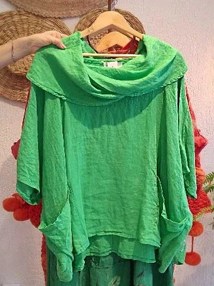 Blusa de linho para mulher, casual e confortável, com mangas a três quartos e bolso