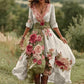 Vestido comprido vintage floral para mulher com decote em V em mistura de linho 2025
