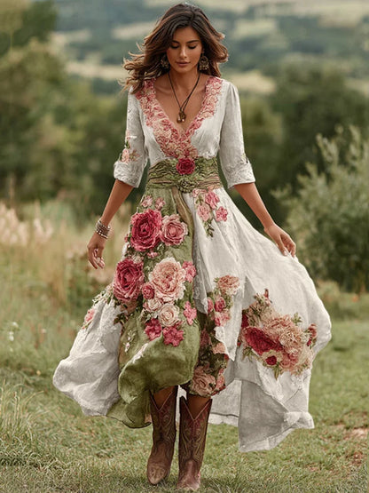 Vestido comprido vintage floral para mulher com decote em V em mistura de linho