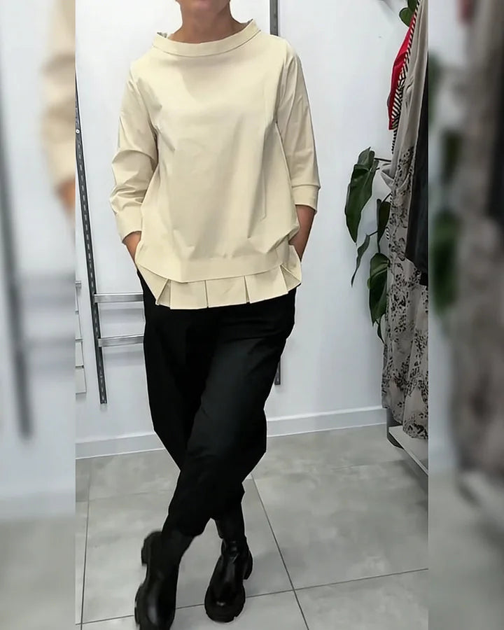 Blusa com gola larga, 100% algodão, cor lisa, estilo casual.