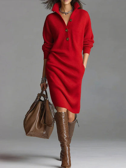 Vestido casual de malha solta para mulher com gola alta e manga comprida, cor sólida