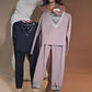 Conjunto casual de blusa e calças com decote em V para mulher