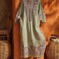 Vestido comprido de algodão e linho com estampado floral boémia