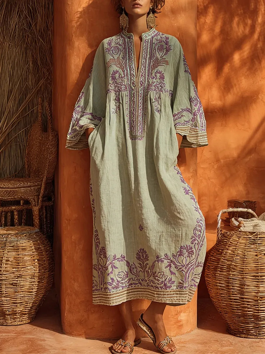 Vestido comprido de algodão e linho com estampado floral boémia