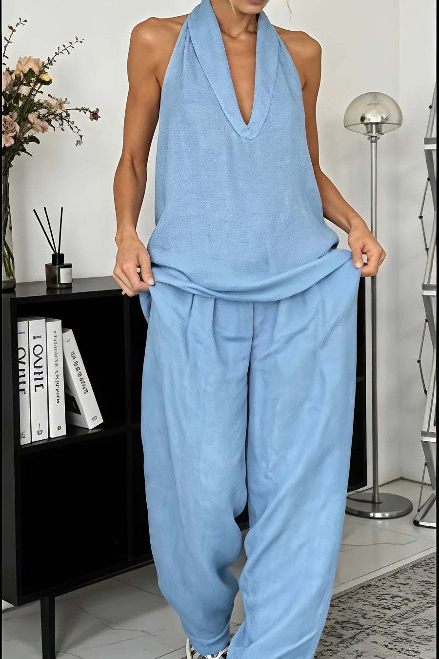 Conjunto de senhora de duas peças em puro algodão, sem costas