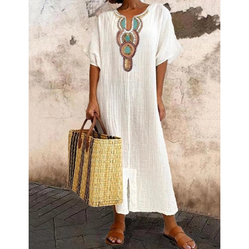 [S-4XL]🌿 Vestido largo bordado em algodão e linho