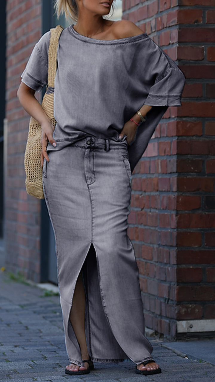 Fato de ganga Tencel casual para mulher com gola redonda