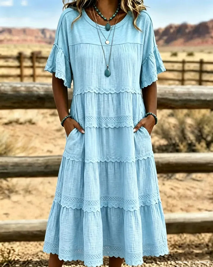 Vestido vintage em algodão e linho com estampado patchwork.