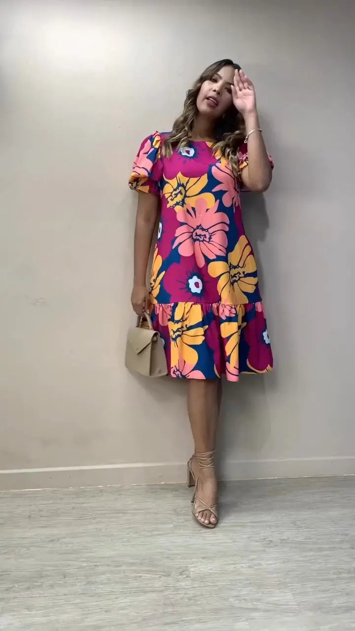 Vestido de verão elegante para mulher com mangas abalonadas, solto e confortável