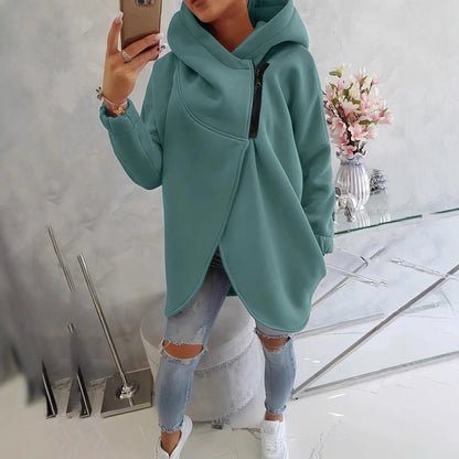 Sweatshirt de mulher com capuz de cor sólida, bolso frontal e fecho