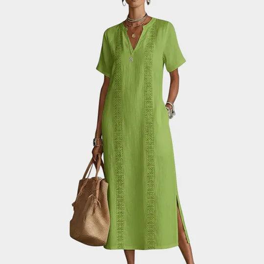 Vestido midi com decote em V e bordado