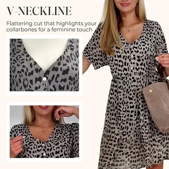 Vestido casual de mulher de manga curta e decote em V