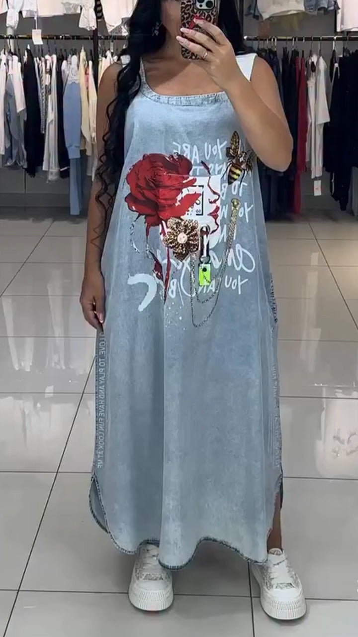 Vestido casual largo para mulher com decote em U e estampado Wash Water