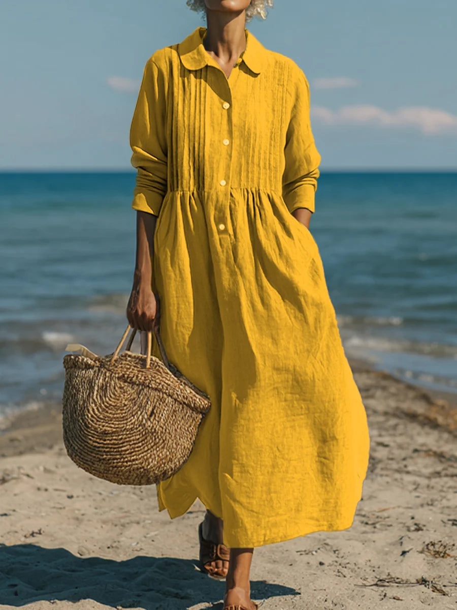Vestido casual de mulher em linho e algodão com bolso plissado