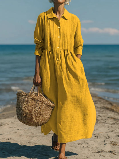 Vestido casual de mulher em linho e algodão com bolso plissado