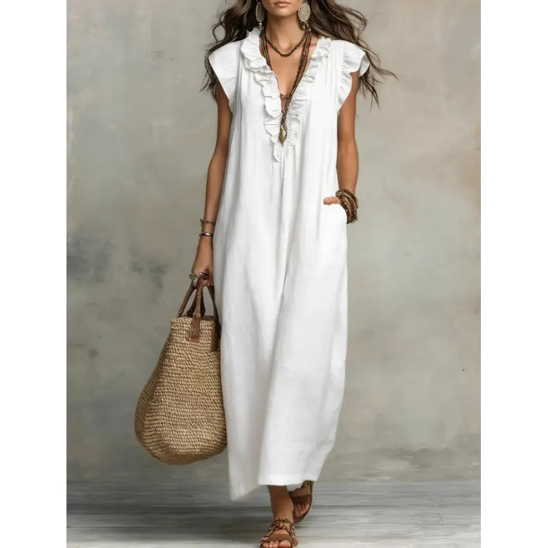 Vestido comprido com decote em V, folhos e manga curta