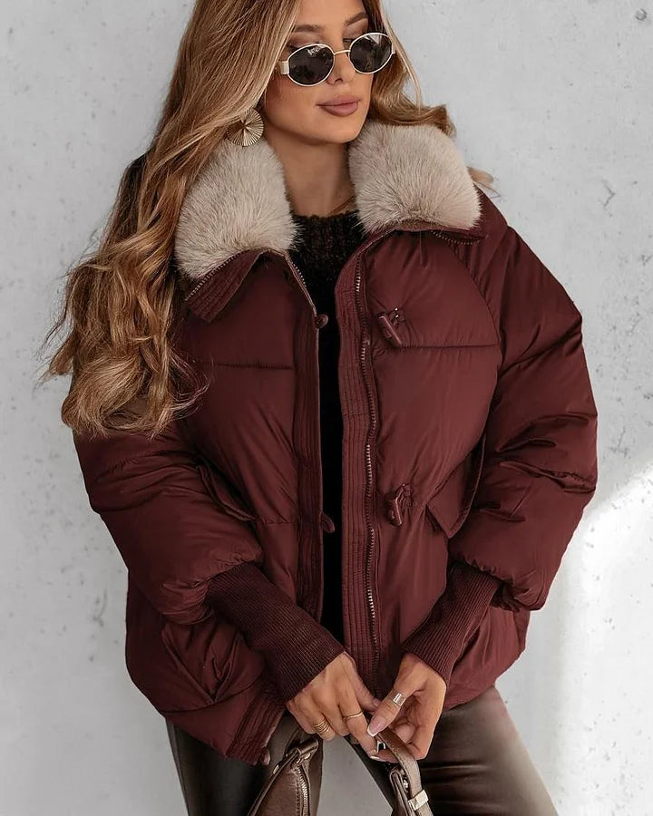 🔥Artigo mais vendido - Casaco curto feminino elegante com gola de pele