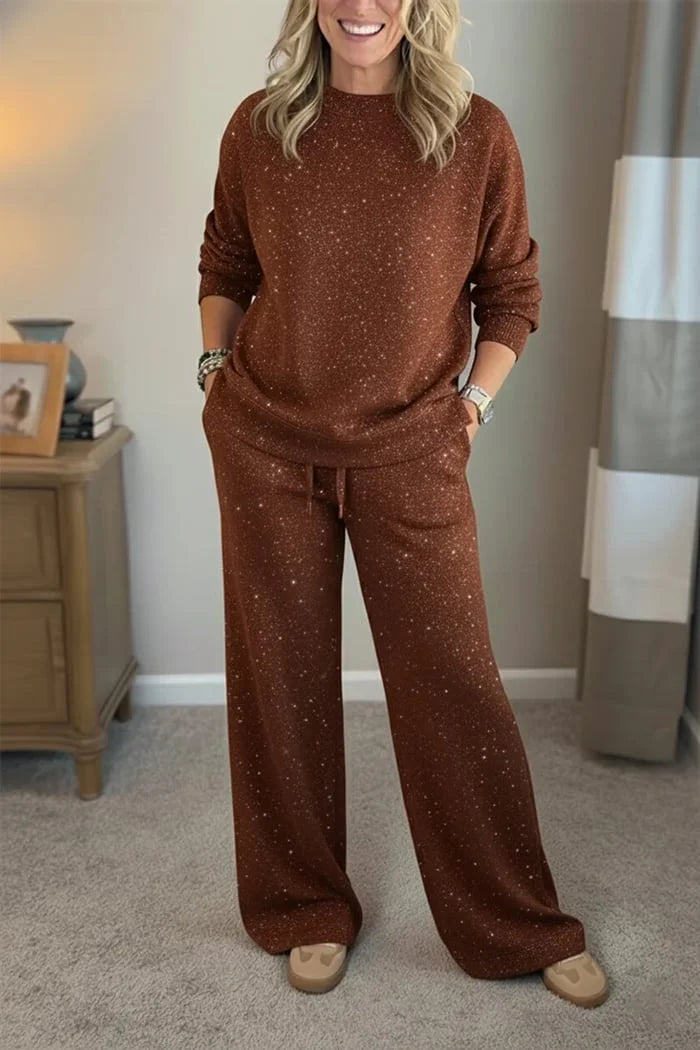 Conjunto casual de duas peças com gola redonda e cor sólida brilhante