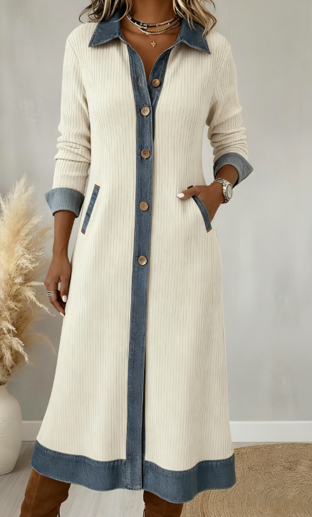 Vestido midi casual de bombazine com patchwork de ganga e corte A