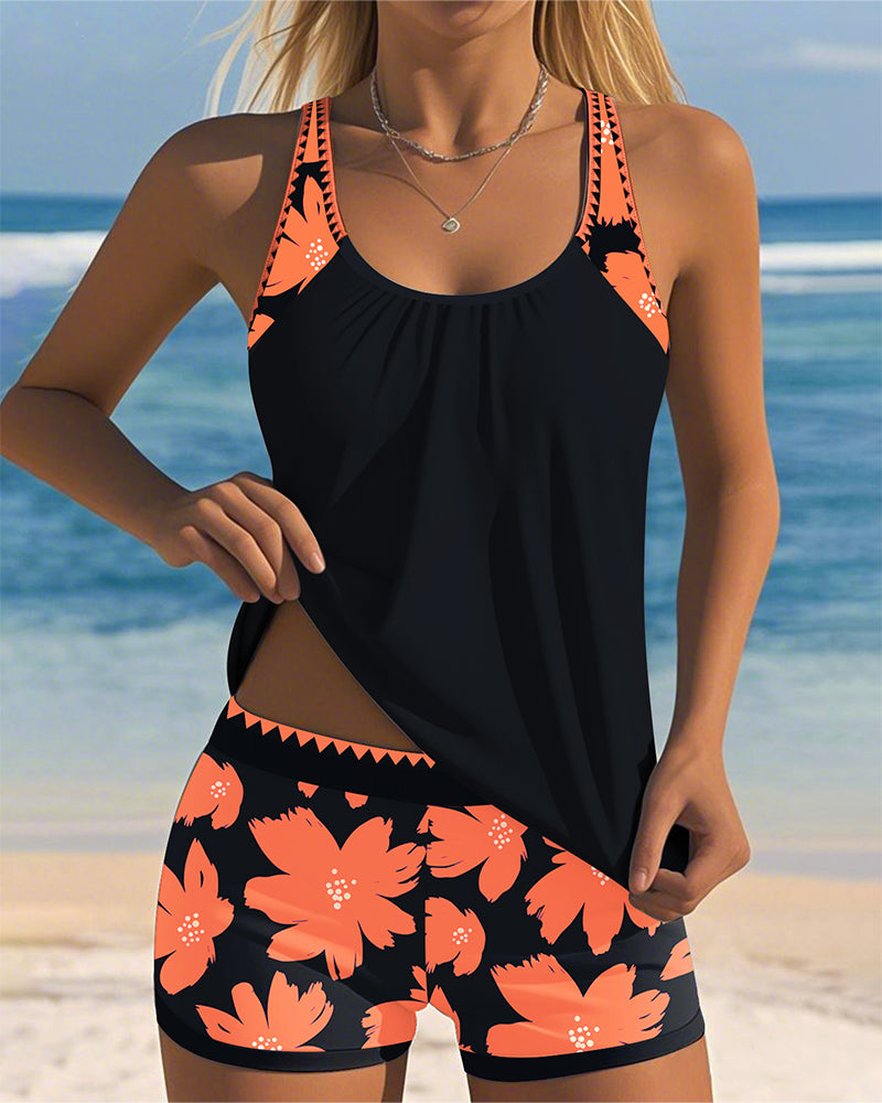 Tankini sem mangas estampado em forma de U