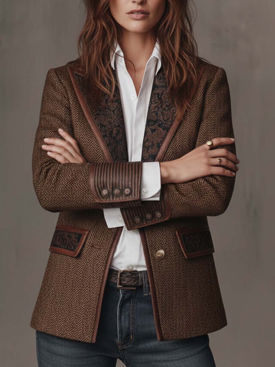 Blazer em tweed espinha de peixe com patchwork estampado