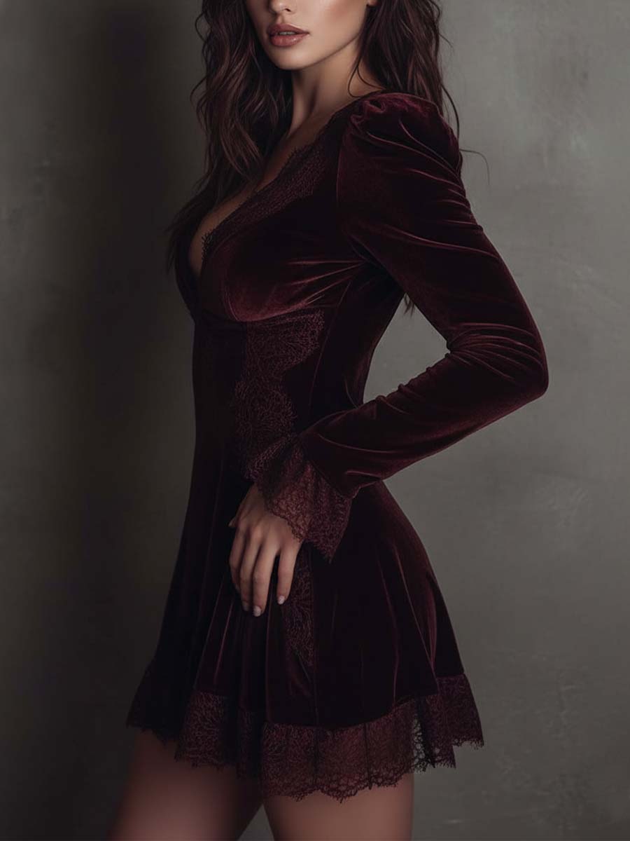 Vestido em poliéster e veludo com renda - cor bordeaux