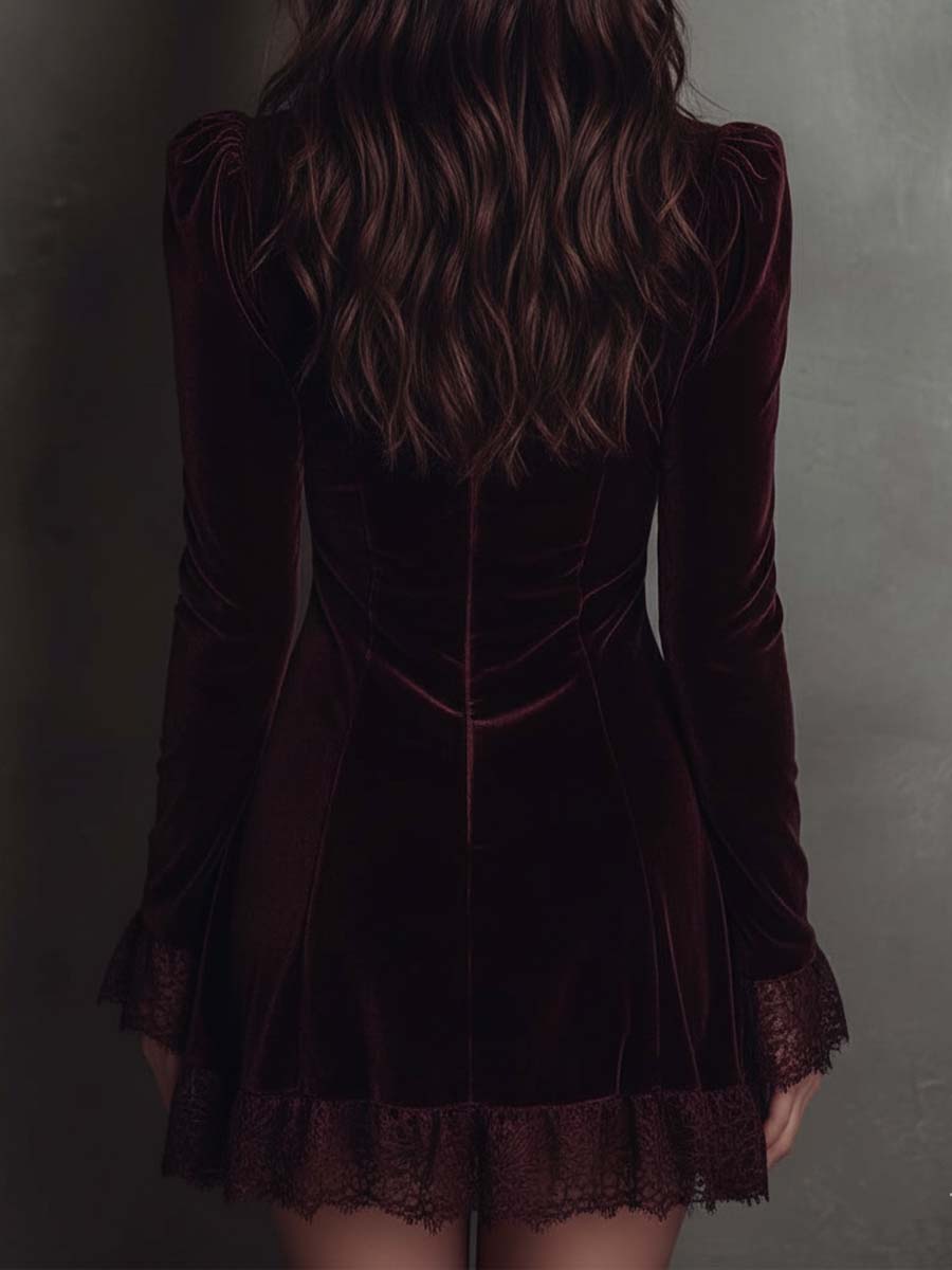 Vestido em poliéster e veludo com renda - cor bordeaux