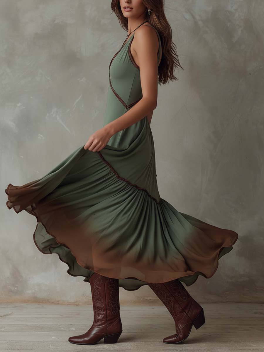Vestido midi com folhos em estilo boémio com efeito degradé