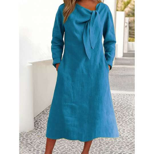 Vestido de cor sólida com decote redondo e manga comprida