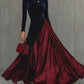 Vestido comprido com blocos de cor em veludo azul e cetim bordeaux