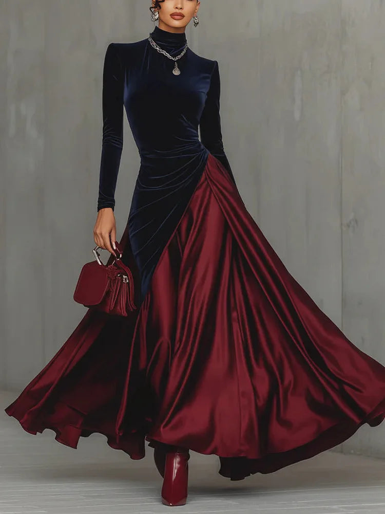 Vestido comprido com blocos de cor em veludo azul e cetim bordeaux