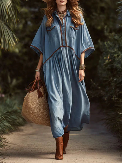 Vestido casual e largo para mulher em algodão e linho