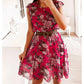Vestido de mulher em chiffon floral com folhos e mangas