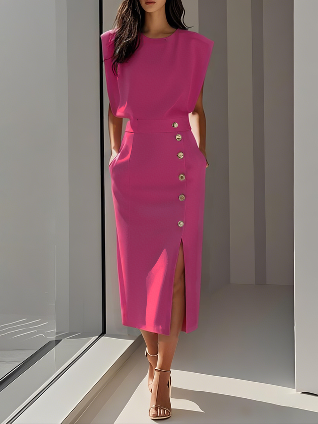 Vestido midi de cor sólida 2025