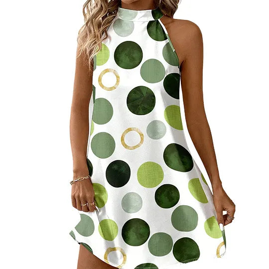 ✨ Vestido Evasê com Decote Halter que Realça a Silhueta – Estampado Poá, Sem Mangas, Perfeito para as Férias