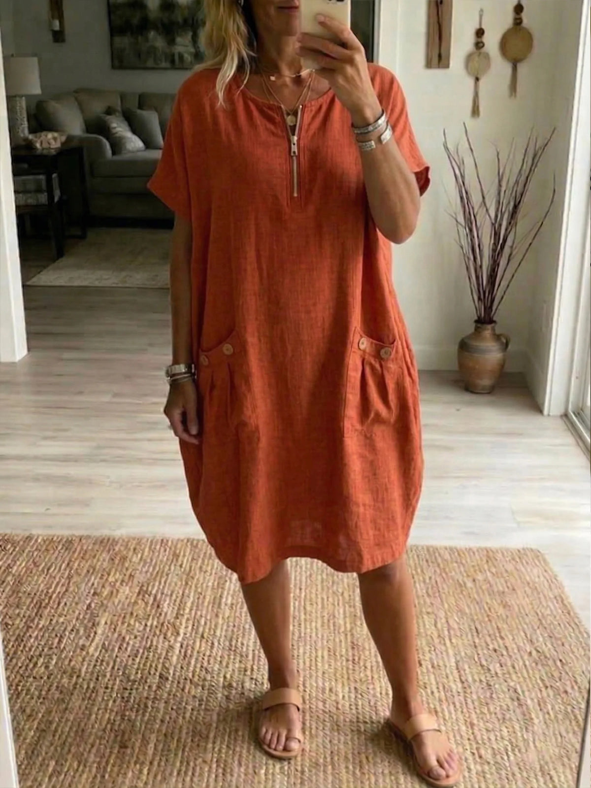 Vestido casual largo em linho e algodão com meio fecho
