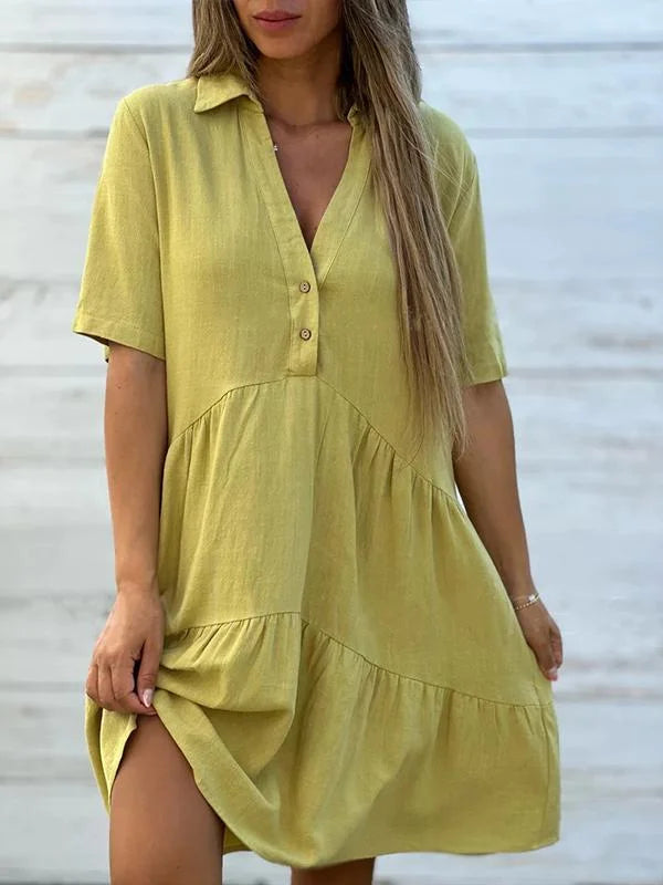 Vestido de menina solto, simples e casual, de manga curta, feito de algodão e linho