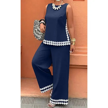 ✨ Conjunto de blusa sem mangas e calças pantalona para menina – Detalhes em renda, corte fluído, conjunto de duas peças