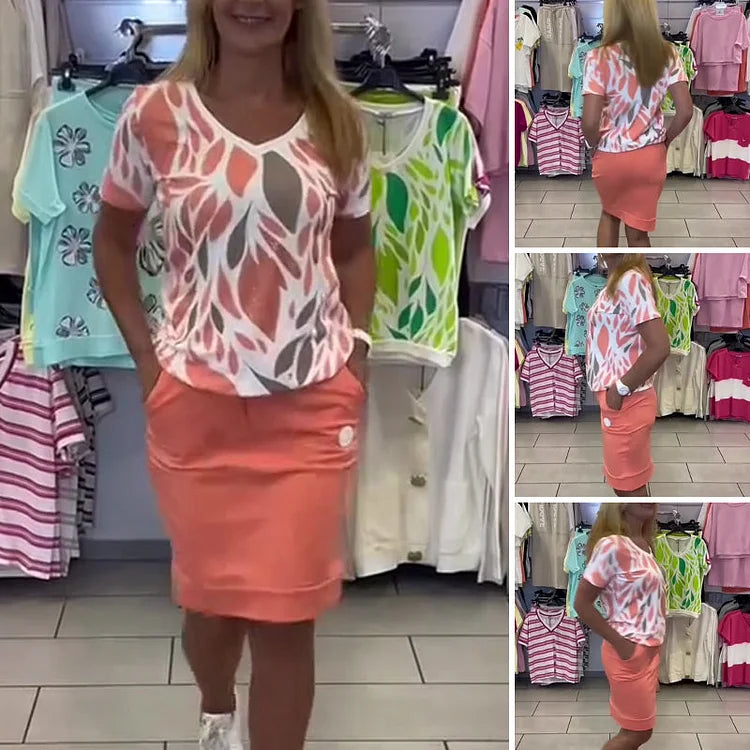 🌈Conjunto de duas peças de blusa e saia estampadas elegantes para mulher