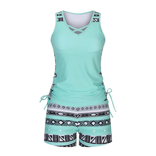 ⏰ Conjunto de Biquíni Feminino com Controlo do Abdómen (com Bojo Integrado) — Moda Praia Estilo Boho com Efeito Adelgaçante (com Calções) 🔥